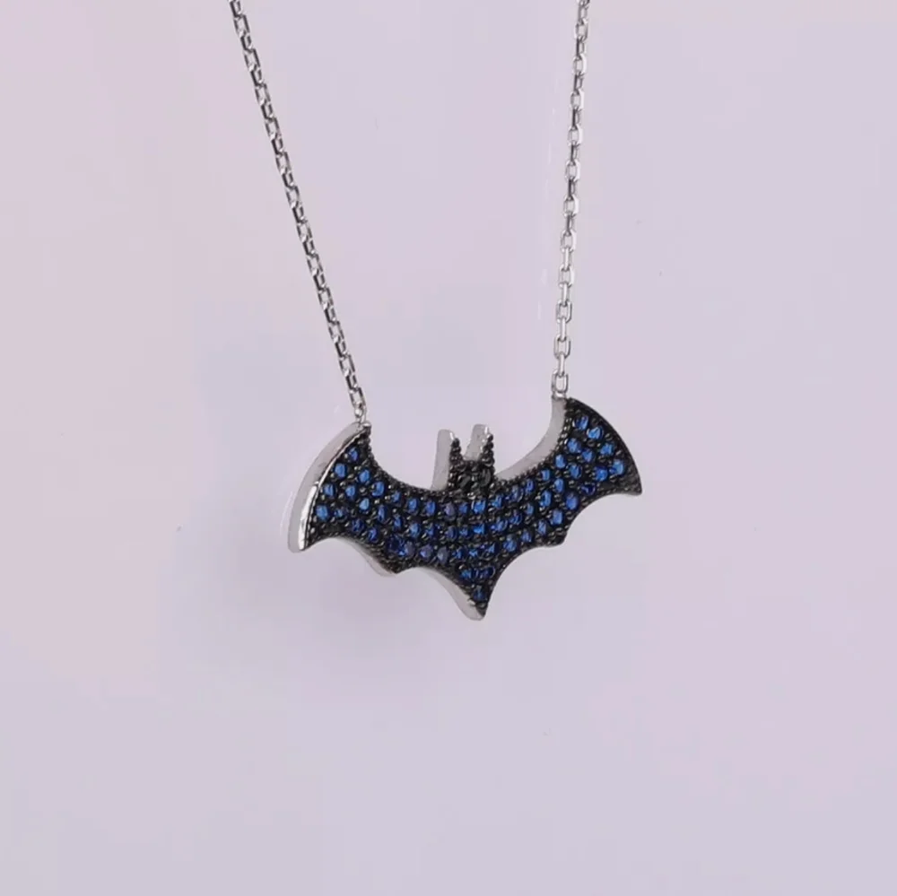 Halloween Deep Blue Sapphire & Sterling Bat Adjustable Necklace with Onyx Eyes - Picture 3 of 8